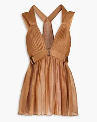 Alberta Ferretti Pintucked linen and silk-blend mini dress - Brown Brown