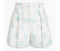 Embroidered pleated cotton shorts - White