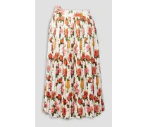 Fanny pleated floral-print satin-jacquard midi skirt - White