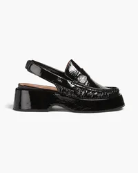 Ganni Crinkled patent-leather slingback loafers - Black Black