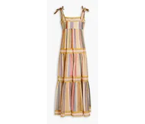 Gathered striped cotton midi dress - Yellow
