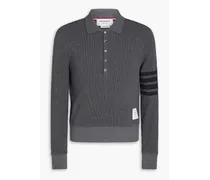 Striped waffle-knit cotton polo sweater - Gray