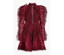 Guipure lace-trimmed linen and silk-blend mini dress - Burgundy