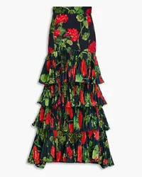 Oscar de la Renta Tiered floral-print plissé-satin and cotton-blend twill maxi skirt - Blue Blue