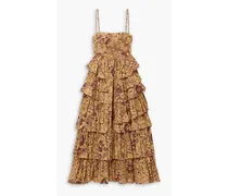 Avery tiered printed cotton-poplin midi dress - Yellow