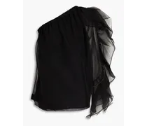 One-sleeve gathered silk-organza top - Black