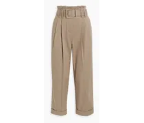Belted pleated cotton-blend twill straight-leg pants - Neutral