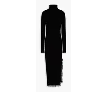 Lace-trimmed ribbed-knit turtleneck midi dress - Black