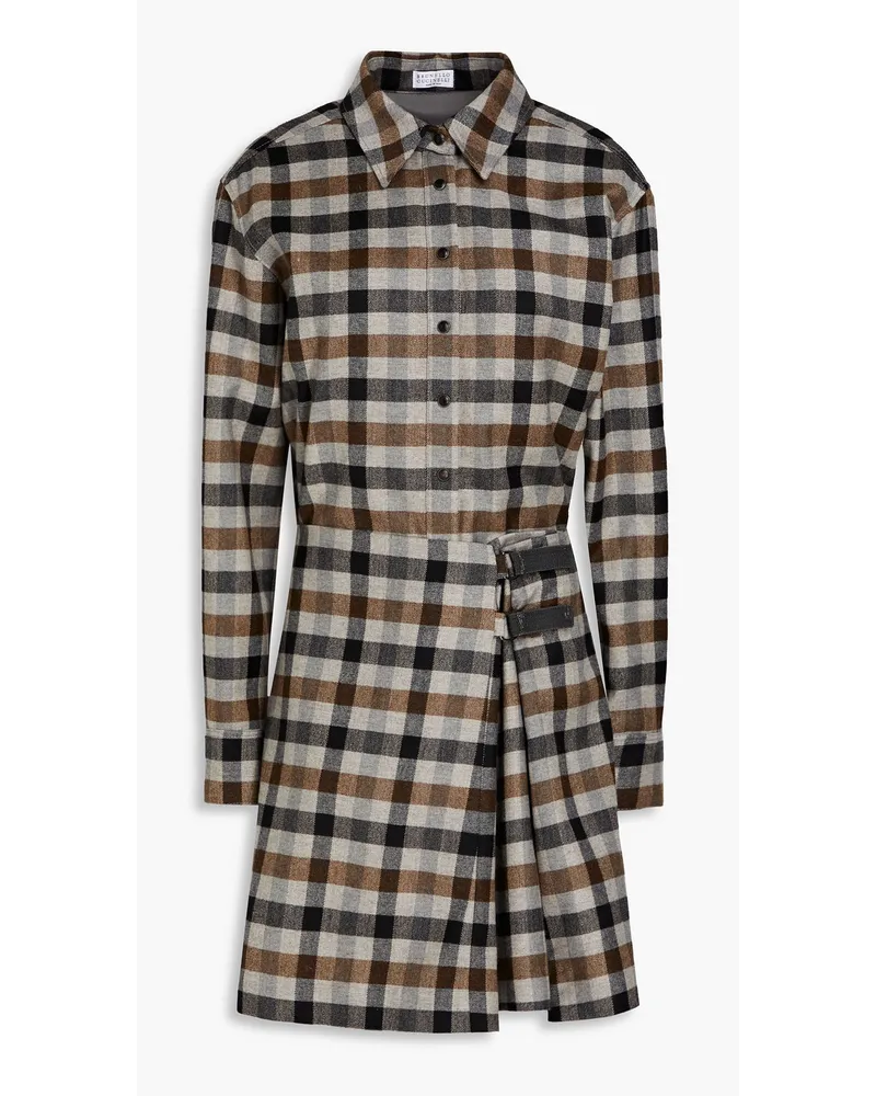 Brunello Cucinelli Checked wool-blend flannel mini shirt dress - Gray Gray