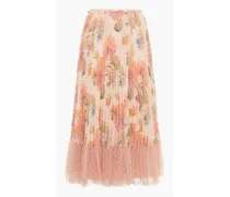 Pleated floral-print georgette and point d'espirit midi skirt - Pink