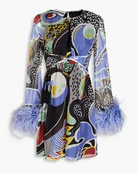 Moschino Feather-embellished cutout printed chiffon mini dress - Multicolor Multicolor