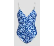 Tuscany floral-print stretch-piqué swimsuit - Blue