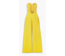 Strapless embellished ruched plissé-satin and crepe jumpsuit - Yellow