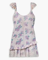 LoveShackFancy Divina lace-appliquéd floral-print crepe de chine mini dress - Purple Purple