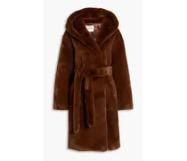 Belted faux fur hooded coat - Brown