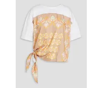 Knotted printed satin and cotton-jersey T-shirt - White