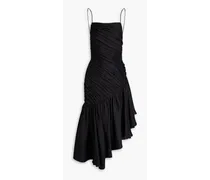 Asymmetric pleated linen-blend midi dress - Black