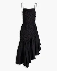 RASARIO Asymmetric pleated linen-blend midi dress - Black Black