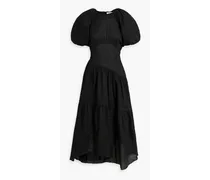 Asymmetric gathered cotton-seersucker midi dress - Black