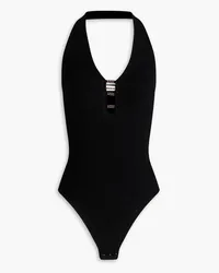 Sandro Cutout crystal-embellished ribbed-knit halterneck bodysuit - Black Black