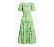 Philippa tiered printed cotton-jacquard midi dress - Green