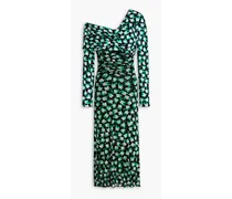 Leia one-shoulder floral-print jersey and stretch-mesh midi dress - Green