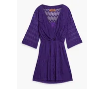 Wrap-effect crochet-knit silk-blend mini dress - Purple