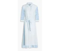 Embellished lace-paneled linen midi shirt dress - Blue