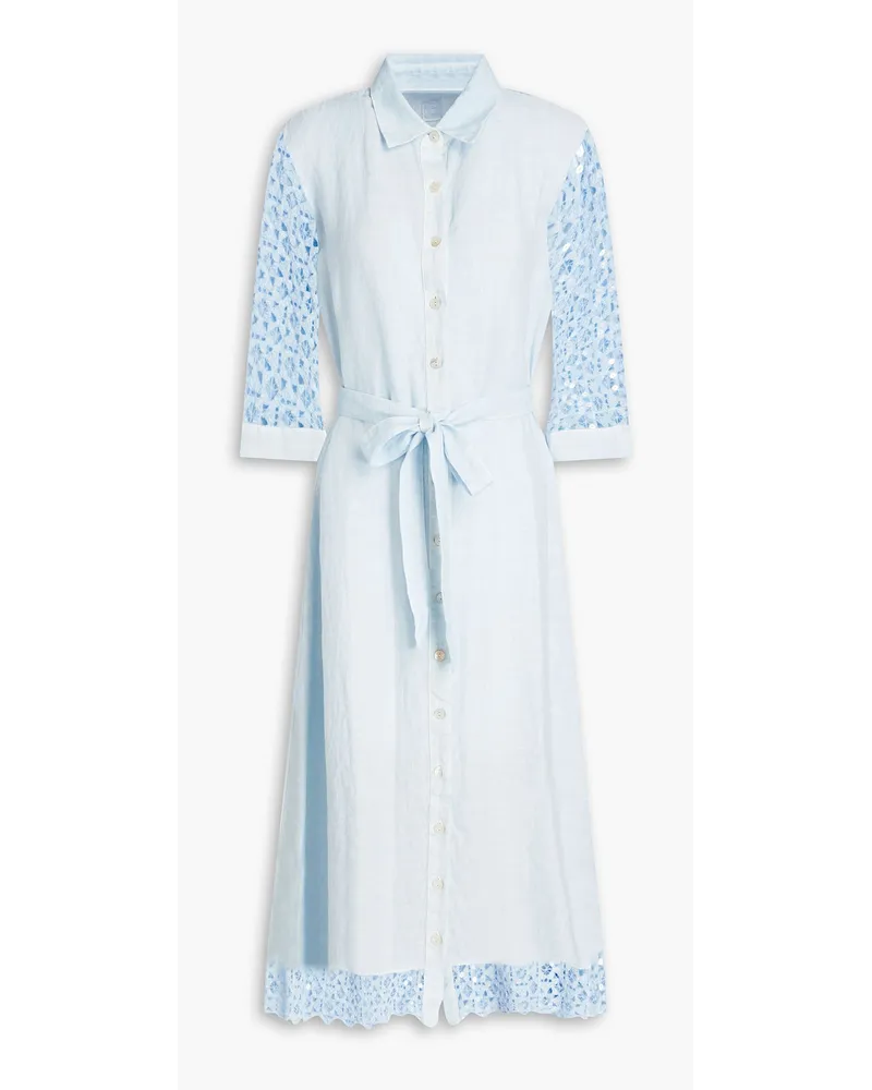 120% Lino Embellished lace-paneled linen midi shirt dress - Blue Blue