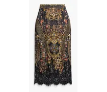 Corded lace-paneled printed silk-satin midi skirt - Black