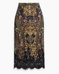 Camilla Corded lace-paneled printed silk-satin midi skirt - Black Black