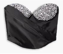 Cropped crystal-embellished draped satin bustier top - Black