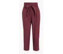 Kira belted pleated cotton-poplin tapered pants - Burgundy
