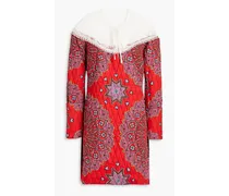Lace-paneled printed cotton mini dress - Red