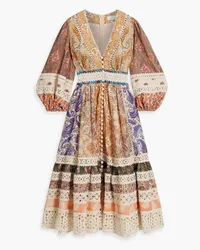 Zimmermann Crochet-trimmed patchwork paisley-print linen midi dress - Multicolor Multicolor