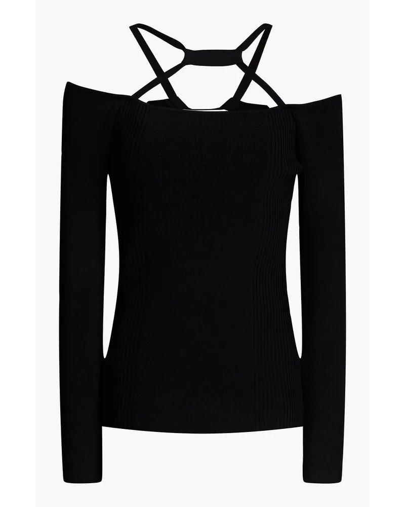 Cold-shoulder ribbed-knit sweater - Black