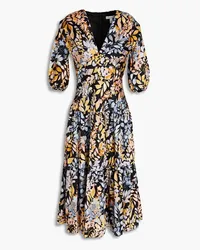 Monique Lhuillier Gathered floral-print satin-twill midi dress - Black Black