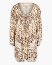 Camilla Crystal-embellished printed jersey mini dress - Neutral Neutral