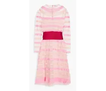 Grosgrain-paneled tiered ruffled point d'esprit, silk and lace dress - Pink