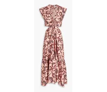 Cutout gathered floral-print cotton midi dress - Pink