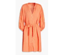 Pintucked linen mini shirt dress - Orange