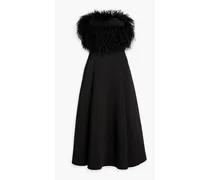 Strapless belted faux feather-embellished scuba midi dress - Black