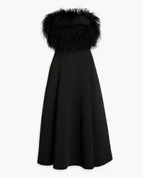 Badgley Mischka Strapless belted faux feather-embellished scuba midi dress - Black Black