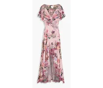 Ruffled bead-embellished floral-print silk crepe de chine maxi wrap dress - Pink