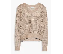Embellished open-knit linen and silk-blend sweater - Neutral
