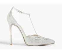 Embellished leather, mesh, and satin pumps - White