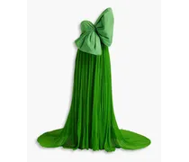 Strapless bow-detailed padded moire and silk-crepon gown - Green