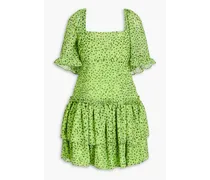 Tiered floral-print voile mini dress - Green