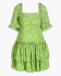 Ganni Tiered floral-print voile mini dress - Green Green