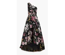 One-shoulder pleated brocade gown - Black